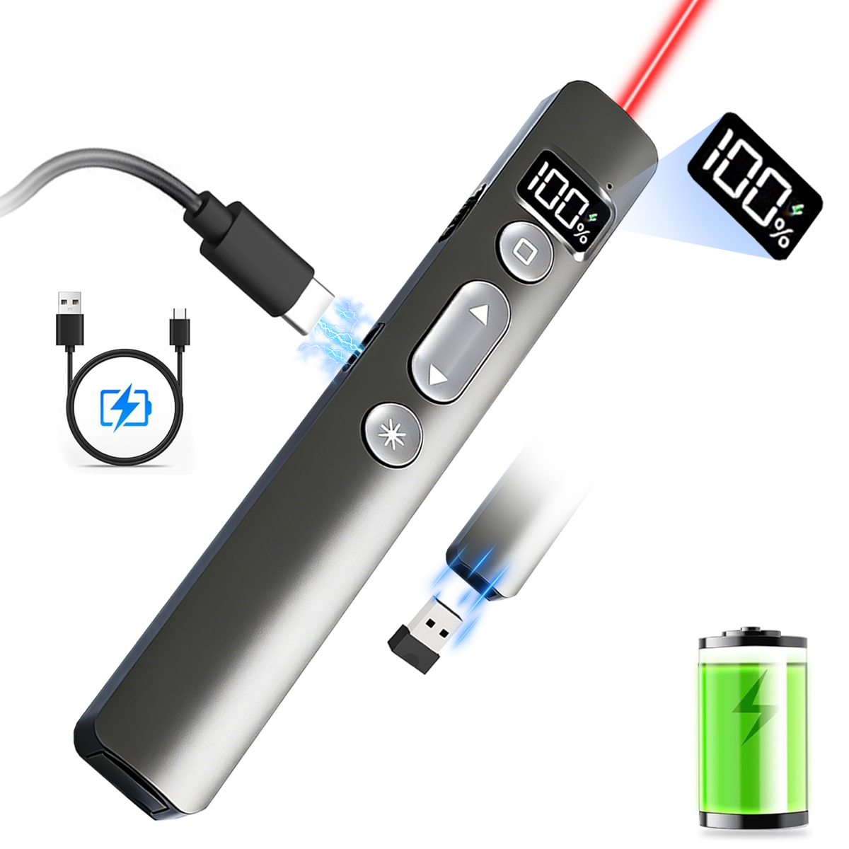 Laser Pointer Presenter - ワイヤレスプレゼンターリモコン、充電式USB A&Cプレゼンテーションクリッカー、長距離PPTスライドクリッカー（プレゼンテーション用）